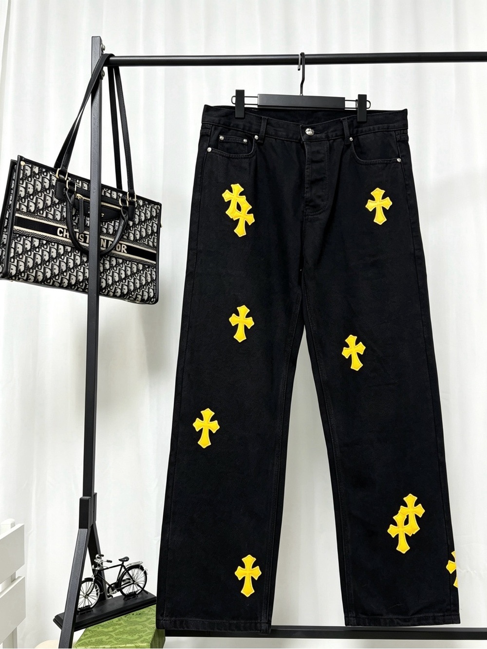 Chrome Hearts Black Relaxed Jeans with Yellow Cross Patches